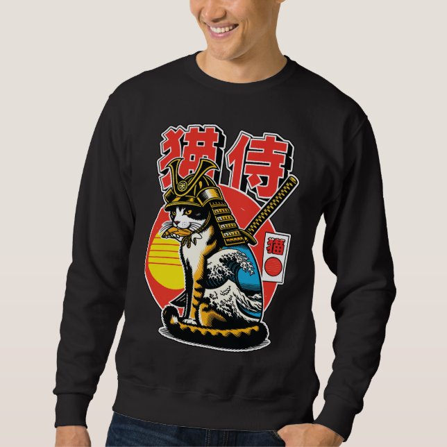 Samurai Cat Warrior – Bold Japanese Wave Tattoo Sweatshirt (Front)