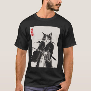Samurai Cat Warrior Ink Art Funny Japanese Style T-Shirt