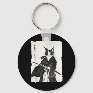 Samurai Cat Warrior Ink - Japanese Art Feline Key Ring