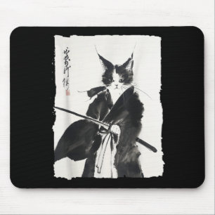 Samurai Cat Warrior Ink - Japanese Art Feline Mouse Pad