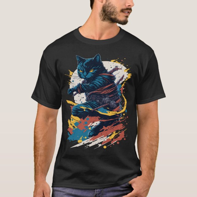 Samurai Cat Warrior Japanese Style Feline Art  T-Shirt (Front)