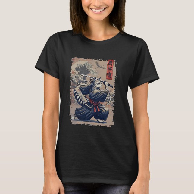 Samurai Cat Warrior Ukiyo Ink Artwork Cat Samurai  T-Shirt (Front)