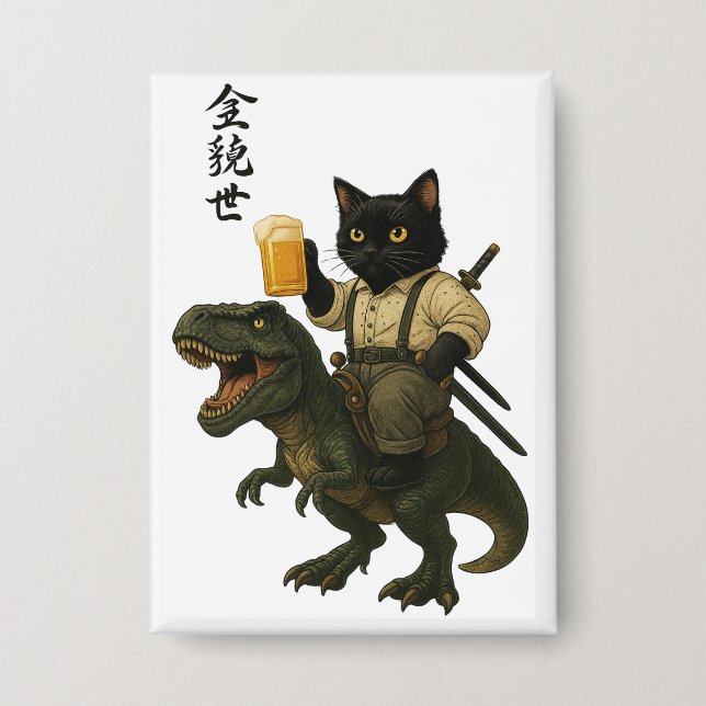 Samurai Cat with Beer & T-Rex | Retro Japanese Art (Front)