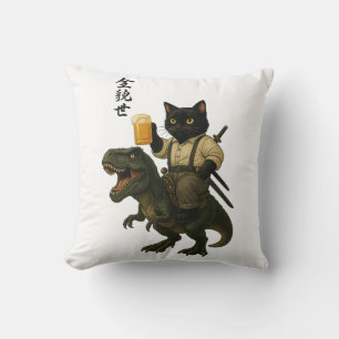 Samurai Cat with Beer & T-Rex Retro Japanese Art Cushion