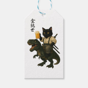 Samurai Cat with Beer & T-Rex Retro Japanese Art Gift Tags