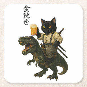 Samurai Cat with Beer & T-Rex Retro Japanese Art Square Paper Coaster