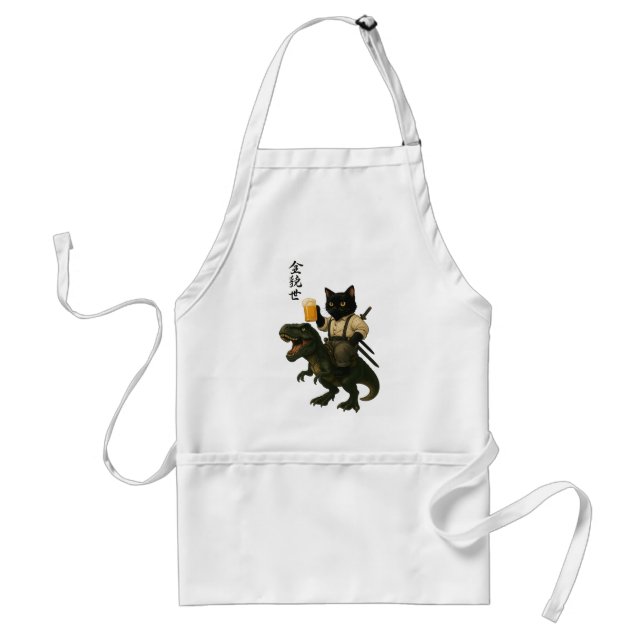 Samurai Cat with Beer & T-Rex | Retro Japanese Art Standard Apron (Front)