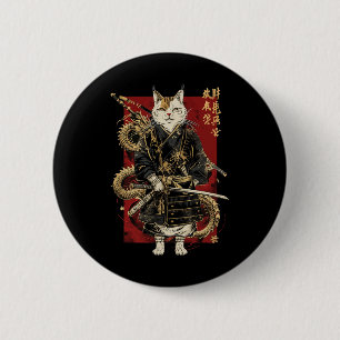 Samurai Cat With Dragon Japanese Kanji 6 Cm Round Badge
