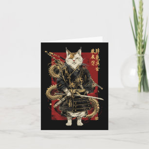 Samurai Cat With Dragon Japanese Kanji  Card
