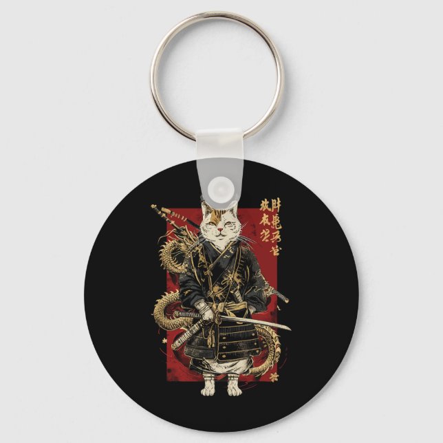 Samurai Cat With Dragon Japanese Kanji  Key Ring (Front)
