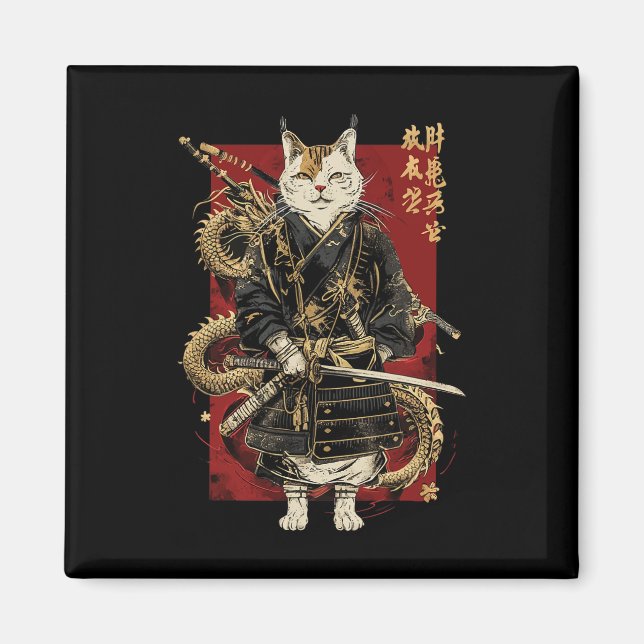 Samurai Cat With Dragon Japanese Kanji  Magnet (Front)