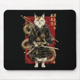 Samurai Cat With Dragon Japanese Kanji  Mouse Pad