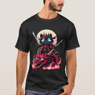 Samurai Cat with Sword on Dragon in Epic Battle 3D T-Shirt