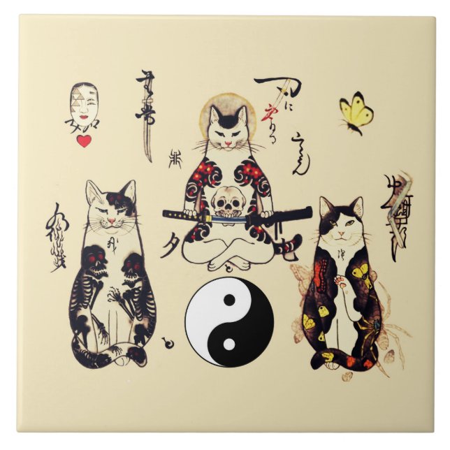SAMURAI CATS IN SKULL,SKELETON,BUTTERFLY TATTOOS  CERAMIC TILE (Front)