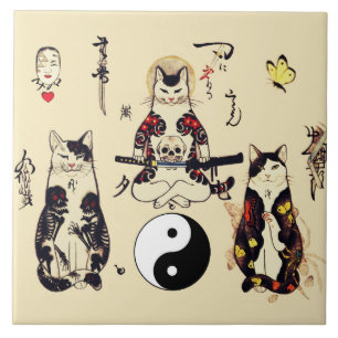 SAMURAI CATS IN SKULL,SKELETON,BUTTERFLY TATTOOS  CERAMIC TILE