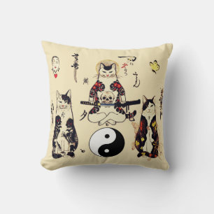 SAMURAI CATS IN SKULL,SKELETON,BUTTERFLY TATTOOS CUSHION