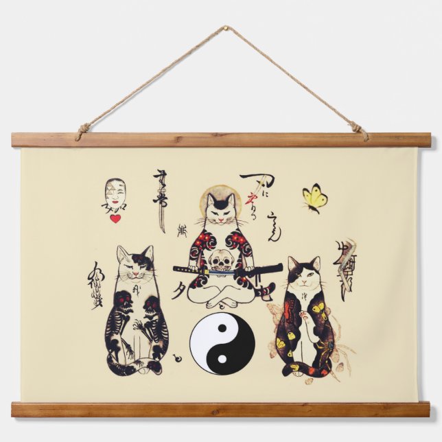 SAMURAI CATS IN SKULL,SKELETON,BUTTERFLY TATTOOS  HANGING TAPESTRY (Front)