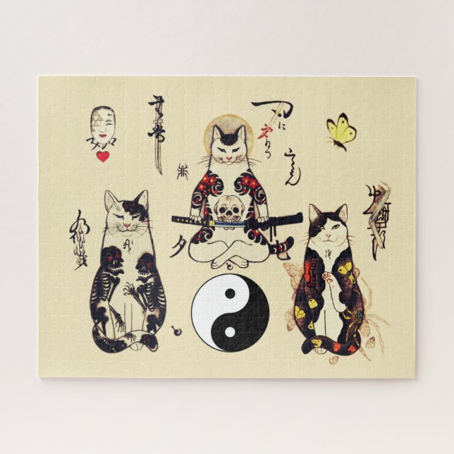 SAMURAI CATS IN SKULL,SKELETON,BUTTERFLY TATTOOS  JIGSAW PUZZLE (Horizontal)