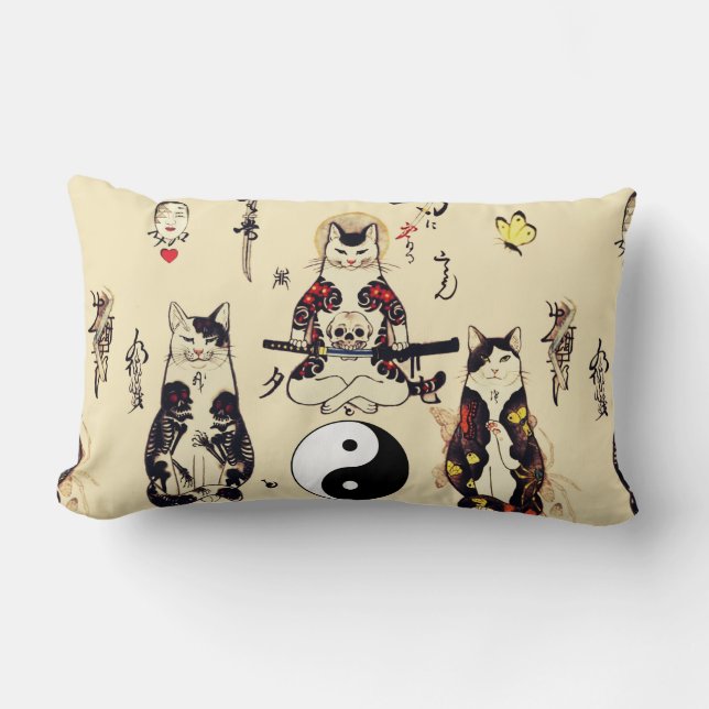 SAMURAI CATS IN SKULL,SKELETON,BUTTERFLY TATTOOS  LUMBAR CUSHION (Front)