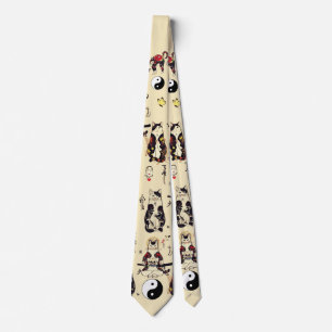 SAMURAI CATS IN SKULL,SKELETON,BUTTERFLY TATTOOS  TIE