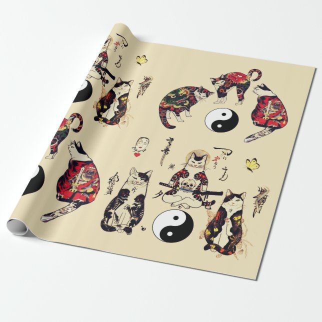 SAMURAI CATS IN SKULL,SKELETON,BUTTERFLY TATTOOS  WRAPPING PAPER (Unrolled)