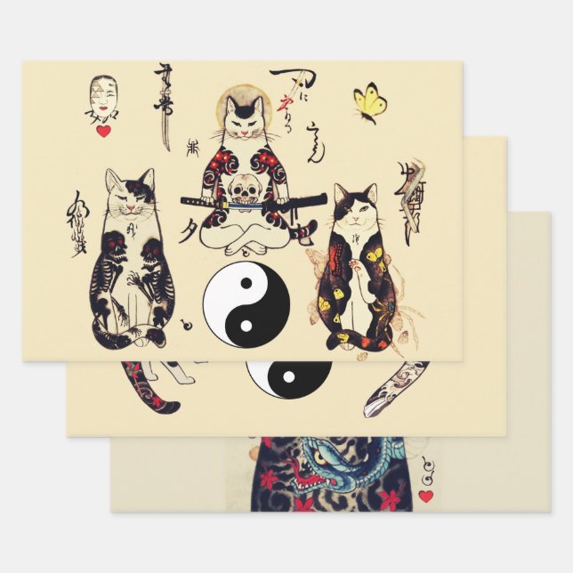 SAMURAI CATS IN SKULL,SKELETON,BUTTERFLY TATTOOS WRAPPING PAPER SHEET (Set)