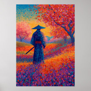 Samurai Cherry Blossom Pointillism Art Poster