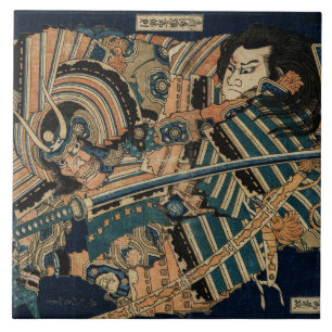 SAMURAI COMBAT WITH KATANA SWORDS by Hokusai Ceramic Tile