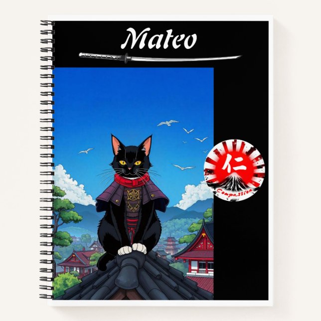 Samurai Compassion Cat Spiral Notebook (Front)