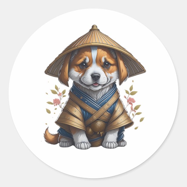 Samurai Corgi Puppy Classic Round Sticker (Front)