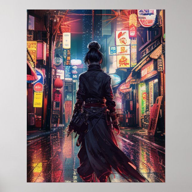 Samurai CyberPunk Modern Nightscape Futuristic  Poster (Front)