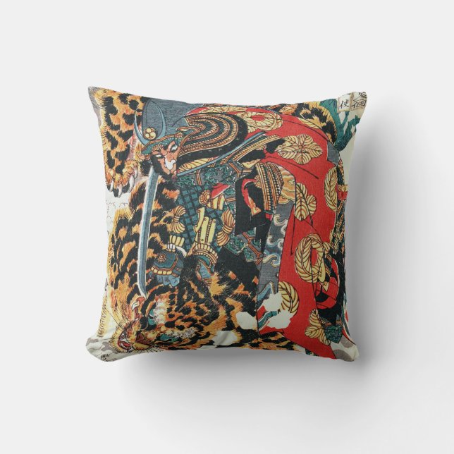 Samurai Fighting a Tiger, Kuniyoshi, Ukiyo-e Cushion (Front)