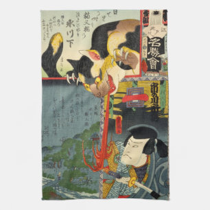 Samurai fighting Monster Cat, Utagawa Toyokuni Tea Towel