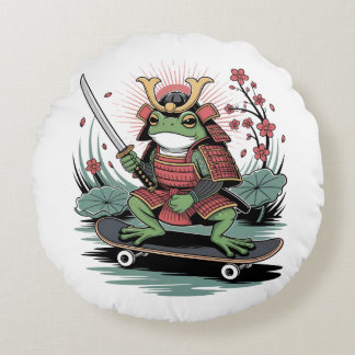 Samurai frog warrior Round Pillow
