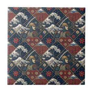 Samurai & Great Wave Traditional Japanese Pattern Ceramic Tile