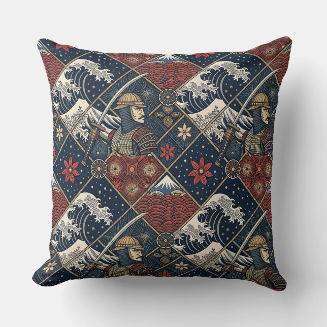 Samurai & Great Wave Traditional Japanese Pattern Cushion (Front)