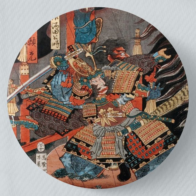 Samurai Hero Minamoto no Yorimitsu 6 Cm Round Badge (Vintage Samurai Hero Minamoto no Yorimitsu Can Badge- Detail View)