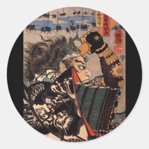 Samurai in beautiful dragon armour, c. 1800's classic round sticker
