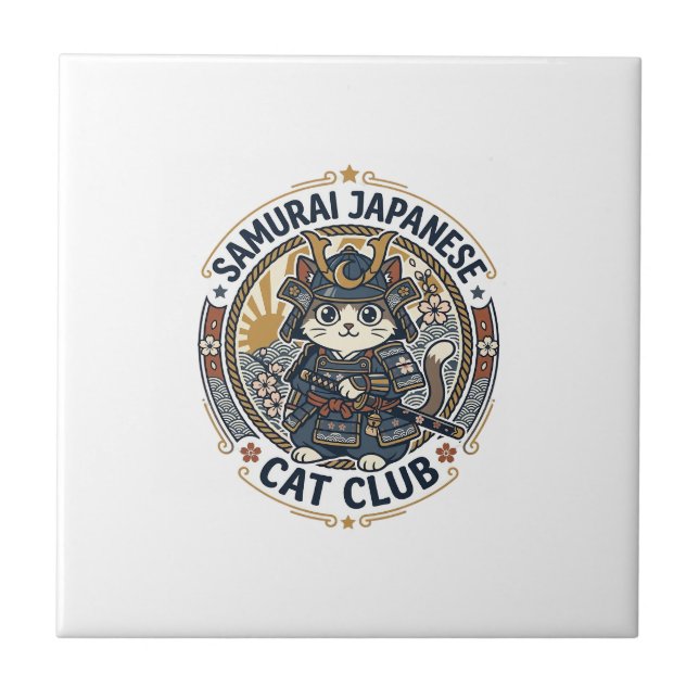 Samurai Japanese Cat POD Vector Art - Samurai Japa Ceramic Tile (Front)