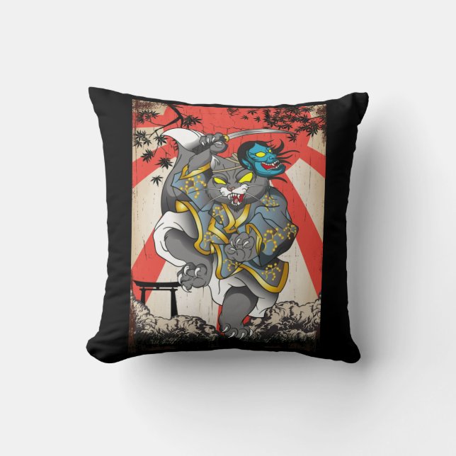 Samurai Japanese Cat Swordsman Ninja Kitten Cushion (Front)