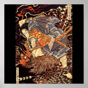 Samurai killing Tengu/bird Painting, c. 1800's Poster
