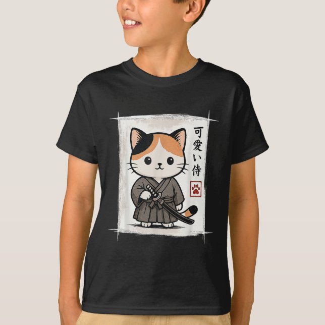 Samurai Kitten Japanese Anime Kawaii Funny Cat Men T-Shirt (Front)