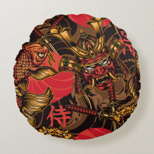 Samurai mask Japanese pattern. Round Cushion
