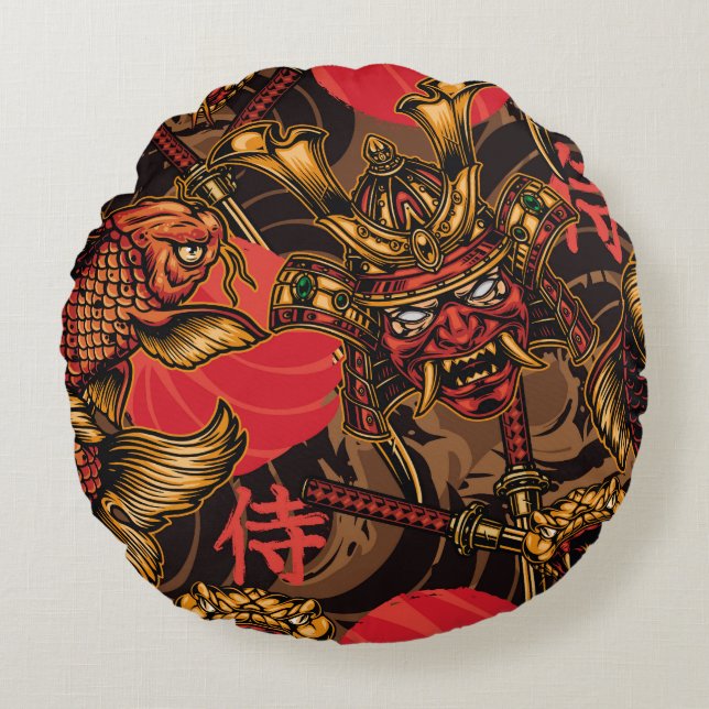 Samurai mask Japanese pattern. Round Cushion (Front)
