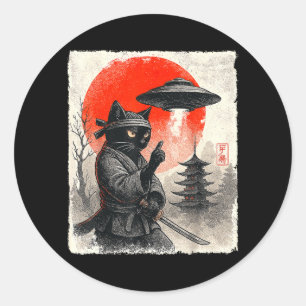 Samurai Ninja Cat Warrior UFO Japanese Anime Funny Classic Round Sticker