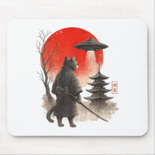 Samurai Ninja Cat Warrior UFO Japanese Anime Funny Mouse Pad