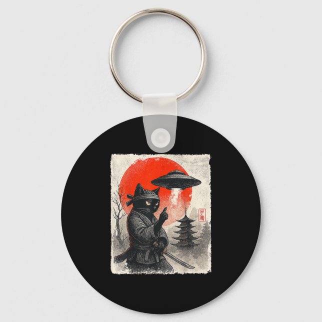 Samurai Ninja Cat Warrior Ufo Japanese Anime Gifts Key Ring (Front)