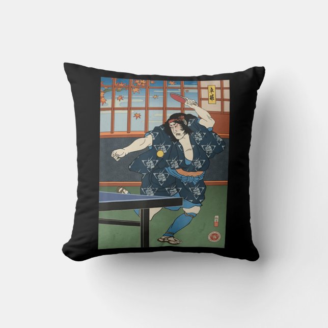 Samurai Play Table Tennis Ping Pong Ukiyoe  Cushion (Front)