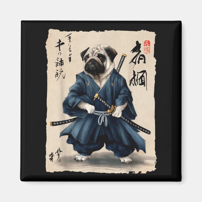 Samurai Pug Japanese Anime Dog Pug Lover Funny For Magnet (Front)
