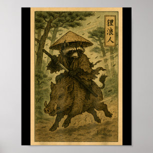 Samurai Raccoon Ronin Riding Boar Japanese Forest Poster